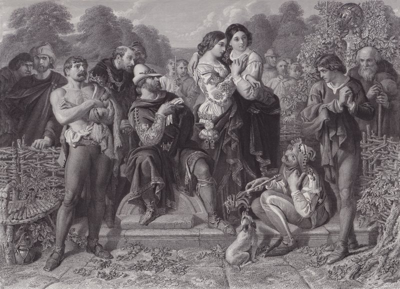 Orlando i zapaśnik, „Jak wam się podoba” (grawerunek) autorstwa Daniel (after) Maclise