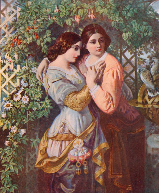 Szekspir: Celia i Rosalind, Jak Wam się podoba, Akt I, Scena 3 (litografia kolorowa) autorstwa Daniel (after) Maclise