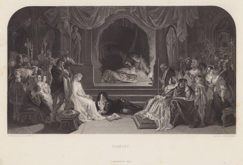 Scena zabawy w Hamlecie (rycina) autorstwa Daniel (after) Maclise
