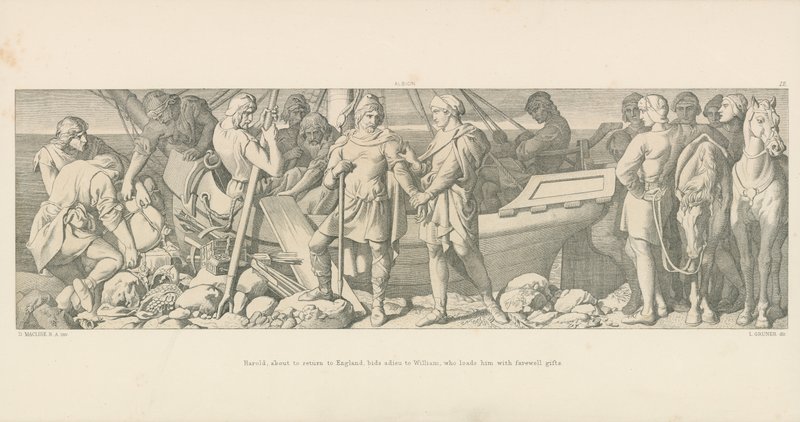 Harold, chcąc wrócić do Anglii, żegna się z Wilhelmem, który obdarowuje go pożegnalnymi prezentami. autorstwa Daniel Maclise