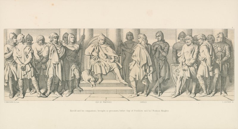 Harold i jego towarzysze, jako więźniowie, przyprowadzeni przed Guya z Ponthieu i jego normańskich rycerzy autorstwa Daniel Maclise