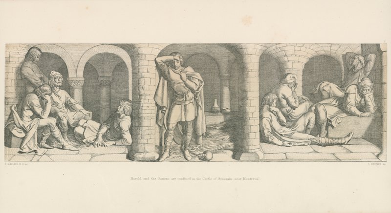 Harold i Sasi są zamknięci w zamku Beaurain, niedaleko Montreuil autorstwa Daniel Maclise