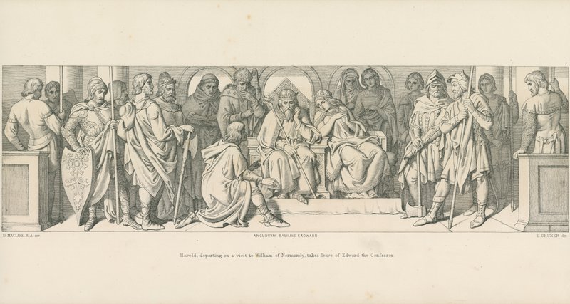 Harold, wyjeżdżając z wizytą do Wilhelma Normandii, żegna się z Edwardem Wyznawcą autorstwa Daniel Maclise