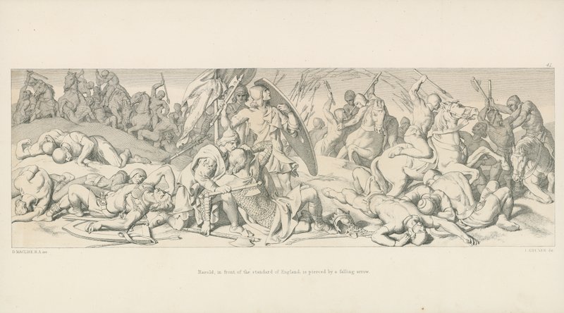Harold, przed sztandarem Anglii, zostaje przebity przez spadającą strzałę. autorstwa Daniel Maclise