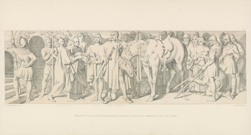 Tymczasem Tostig i Harold Hardrada zwyciężają i otrzymują zgłoszenie miasta York autorstwa Daniel Maclise