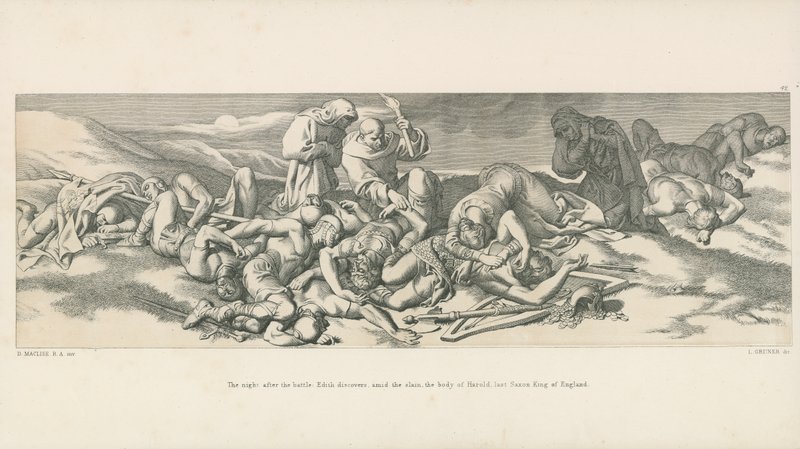 Noc po bitwie; Edith odkrywa pośród zabitych ciało Harolda, ostatniego króla saskiego Anglii autorstwa Daniel Maclise