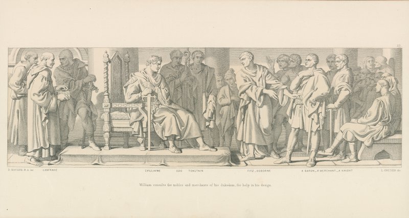 William konsultuje się z szlachtą i kupcami swojego księstwa, aby uzyskać pomoc w swoim projekcie autorstwa Daniel Maclise