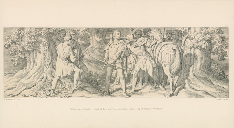 William, na swoim terenie łowieckim w Rouen, otrzymuje informacje od Tostiga z koronacji Harolda autorstwa Daniel Maclise