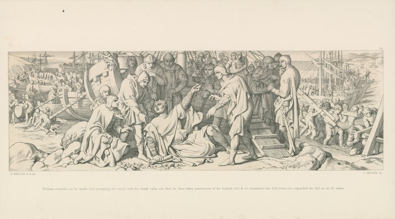 William potyka się, lądując, ale chwytając ziemię ręką, woła, że w ten sposób przejmuje w posiadanie angielską glebę, i w ten sposób uspokaja swoich zwolenników, którzy uznali jego upadek za zły omen autorstwa Daniel Maclise