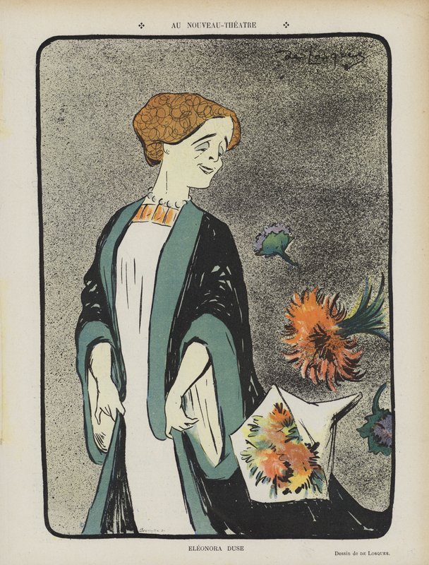 Eleonora Duse, włoska aktorka. Ilustracja do Le Rire autorstwa Daniel de Losques