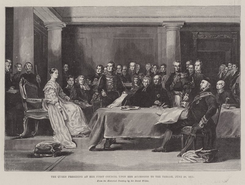Królowa przewodnicząca na swoim pierwszym soborze po wstąpieniu na tron, 20 czerwca 1887 r. autorstwa David Wilkie