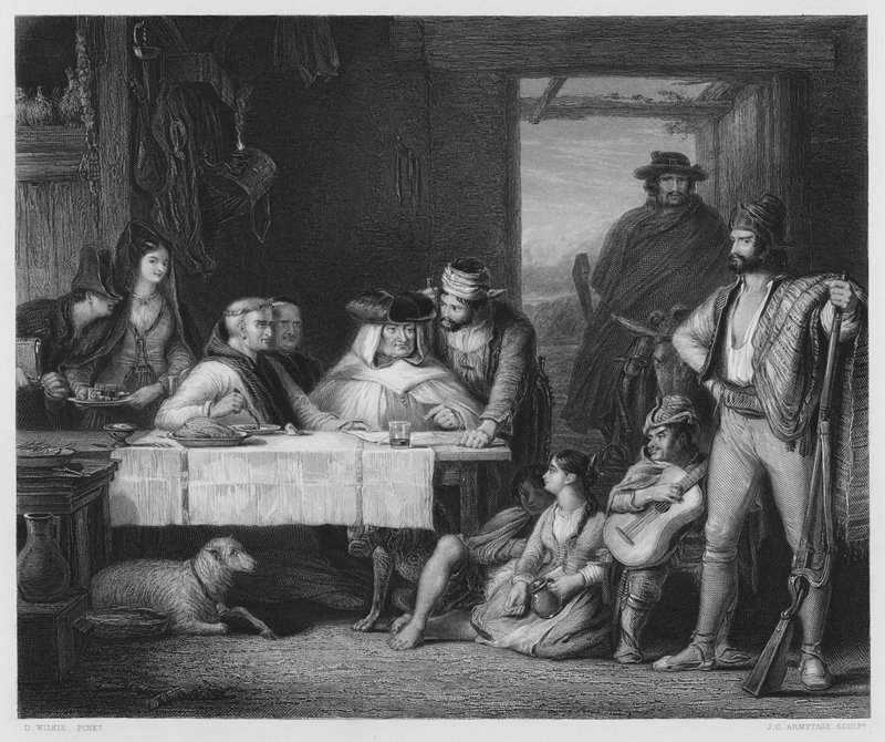 Guerilla Council of War, w hiszpańskim Posado, obraz w Królewskiej Kolekcji (rycina) autorstwa David (after) Wilkie
