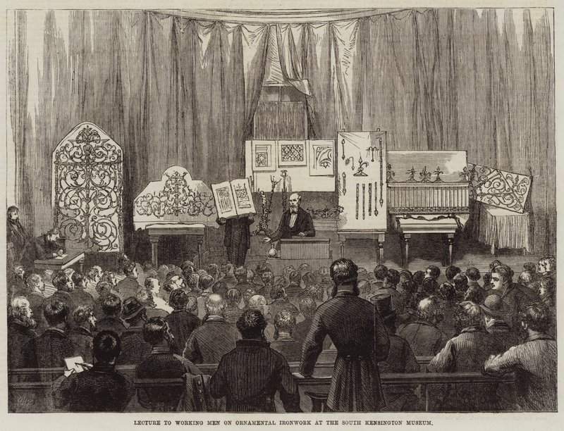 Wykład dla pracujących mężczyzn na temat ozdobnych wyrobów ślusarskich w Muzeum South Kensington autorstwa David Henry Friston