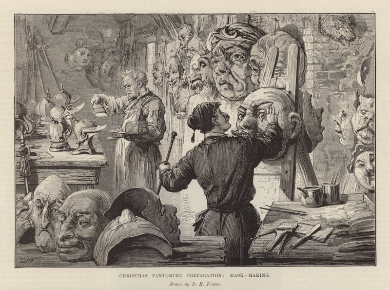 Wykonywanie masek do świątecznej pantomimy (grawerowanie) autorstwa David Henry Friston