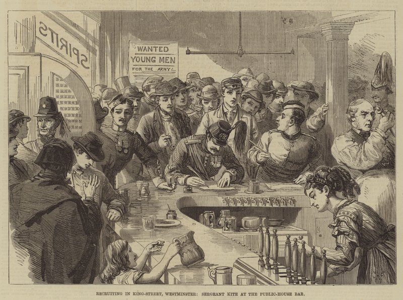 Rekrutacja w King-Street, Westminster, sierżant Kite w Public-House Bar autorstwa David Henry Friston