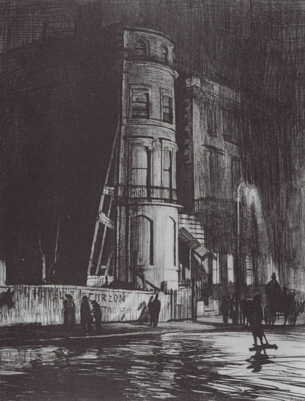 Londyn: Piccadilly-Night, The Savile Club (kolorowa litografia) autorstwa David Muirhead (after) Bone