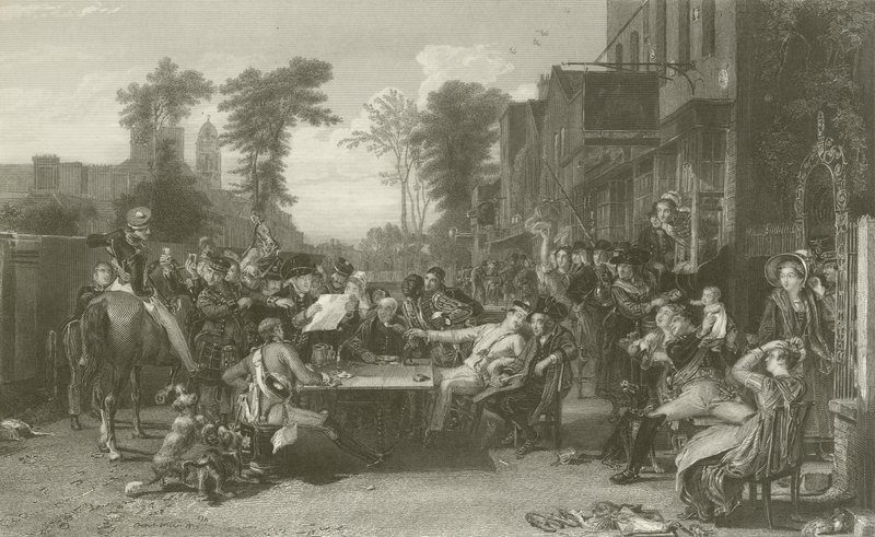 Emeryci z Chelsea czytają gazetę z bitwy pod Waterloo autorstwa David Wilkie