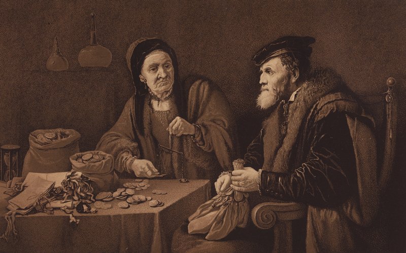 The Misers, z obrazu w National Gallery w Londynie (litografia) autorstwa David the Younger (after) Teniers