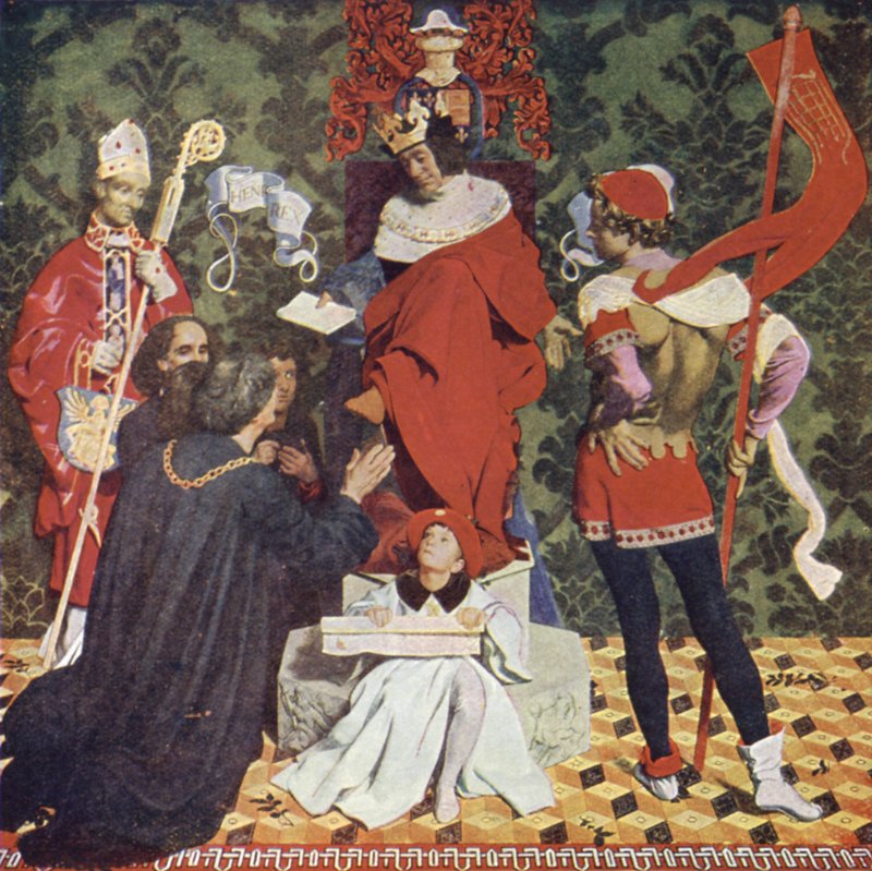 John Cabot i jego synowie otrzymujący kartę od króla Henryka VII do żeglowania w poszukiwaniu Nowych Ziem autorstwa Denis William Eden