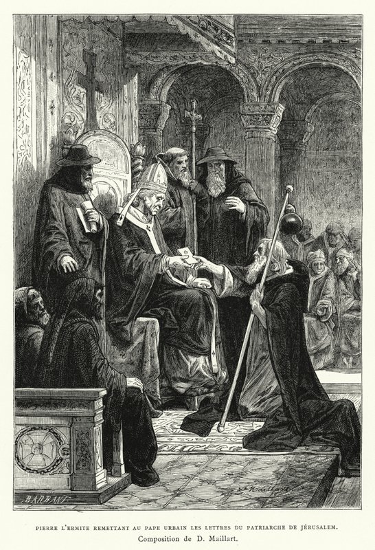Piotr Pustelnik dostarczający papieżowi Urbanowi listy patriarchy Jerozolimy (rycina) autorstwa Diogene Ulysse Napoleon Maillart