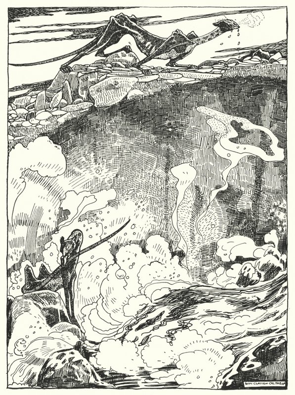 „Widzieliśmy, jak młode smoki schodzą do basenu, żeby się napić i oczyścić” (rycina) autorstwa Dion Clayton Calthrop