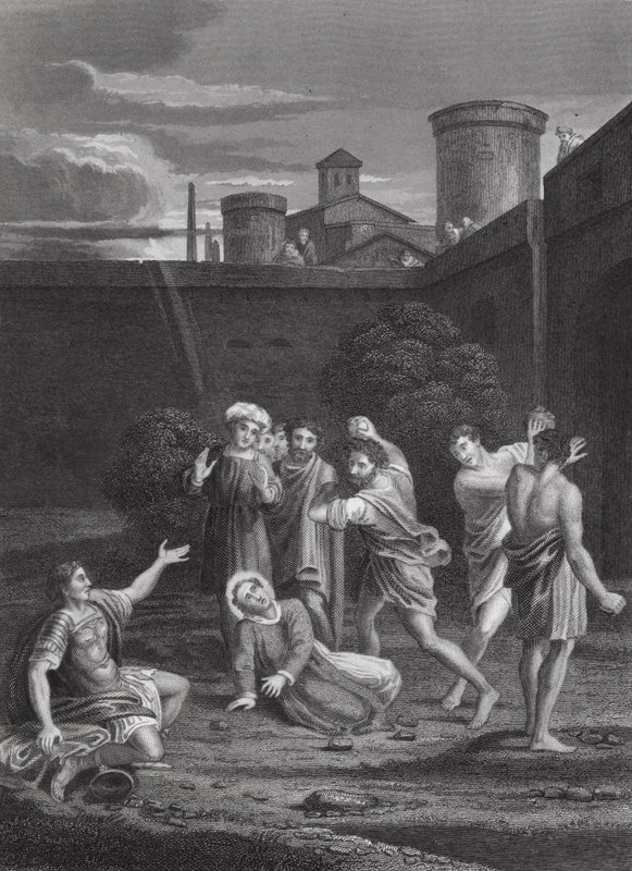 Ukamienowanie Szczepana, Dzieje Apostolskie, rozdział VII, wersety 54, 60 (rycina) autorstwa Domenichino (1581 1641) (after)