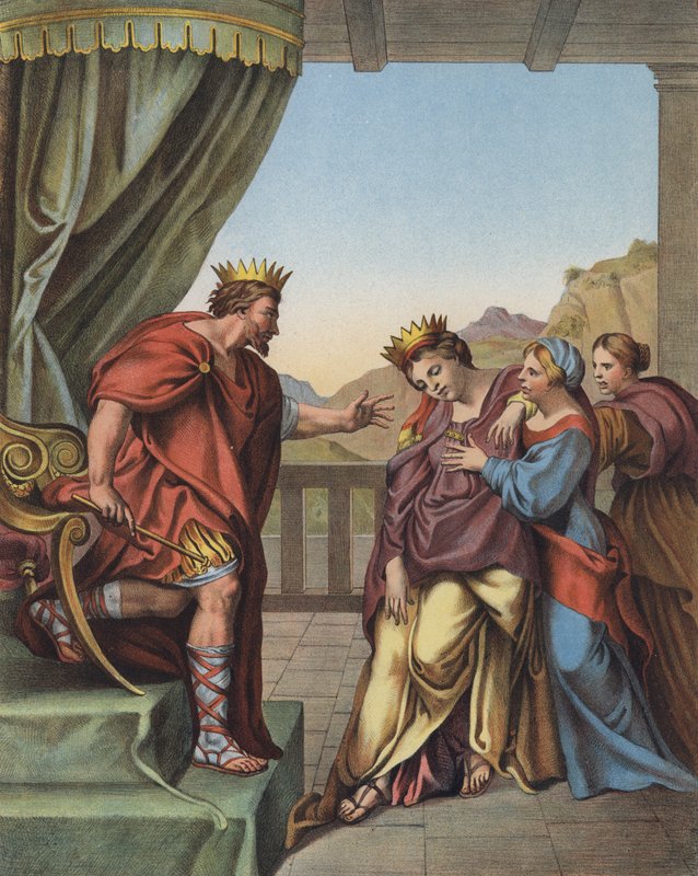 Król Ahaswerus obiecuje Esther, że spełni wszystko, o co poprosi (kolor lito) autorstwa Domenichino