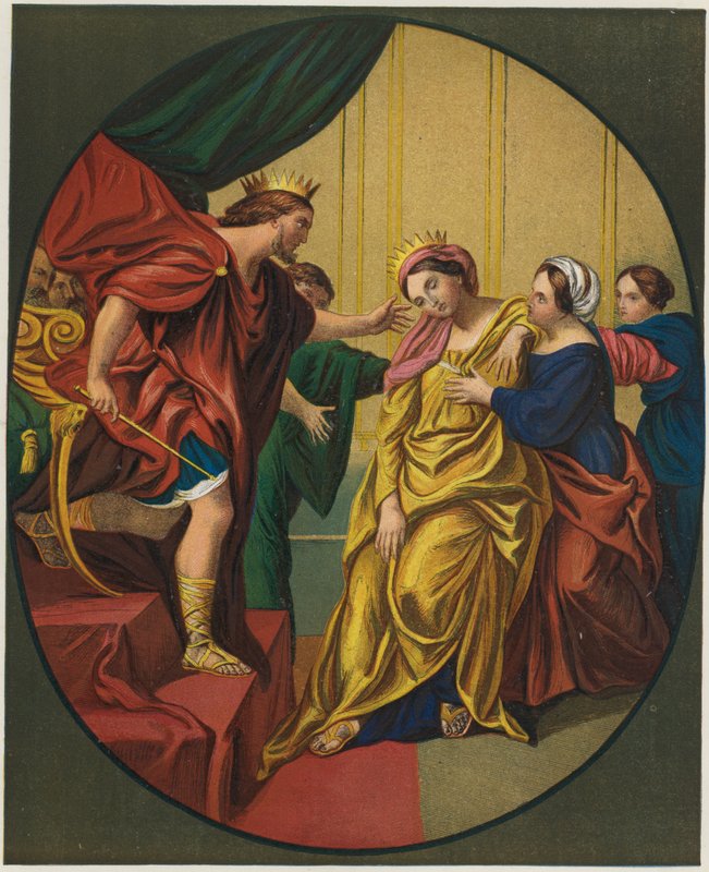 Estera przyprowadzona do króla Aswerusa autorstwa Domenichino