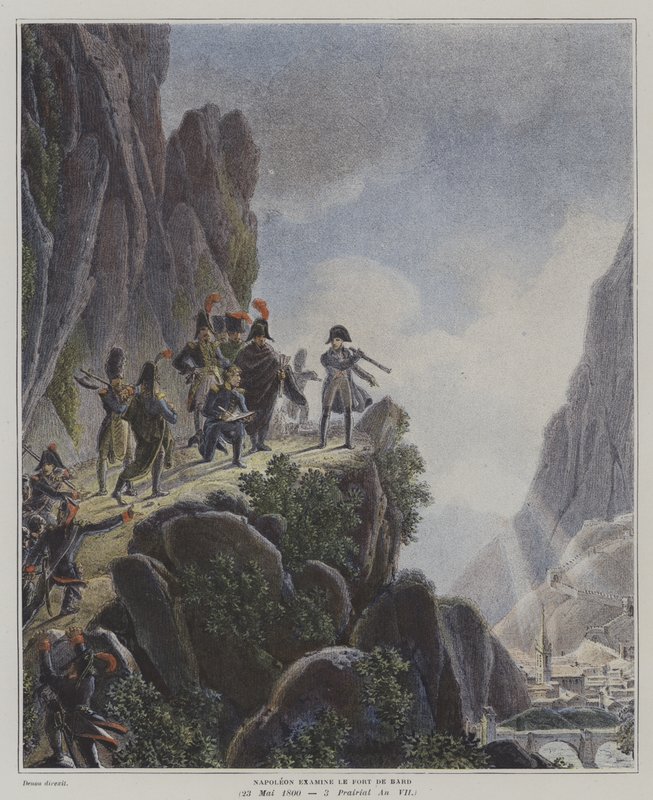 Napoleon badający Fort Bard, Włochy, 23 maja 1800 (kolor lito) autorstwa Dominique Vivant (after) Denon