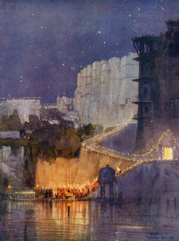 Książę przybywa do pałacu nad jeziorem, Udaipur (kolorowa litografia) autorstwa Donald (after) Maxwell
