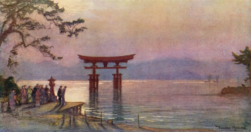 Torii na morzu wewnętrznym, Japonia (kolorowa litografia) autorstwa Donald (after) Maxwell