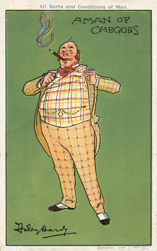 Człowiek z czeków: gruby, bogaty człowiek w garniturze w kratę (chromolitho) autorstwa Dudley Hardy