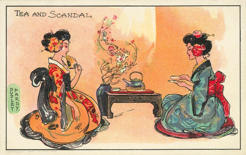 Herbata i skandal: dwie Japonki pijące herbatę (kolor lito) autorstwa Dudley Hardy