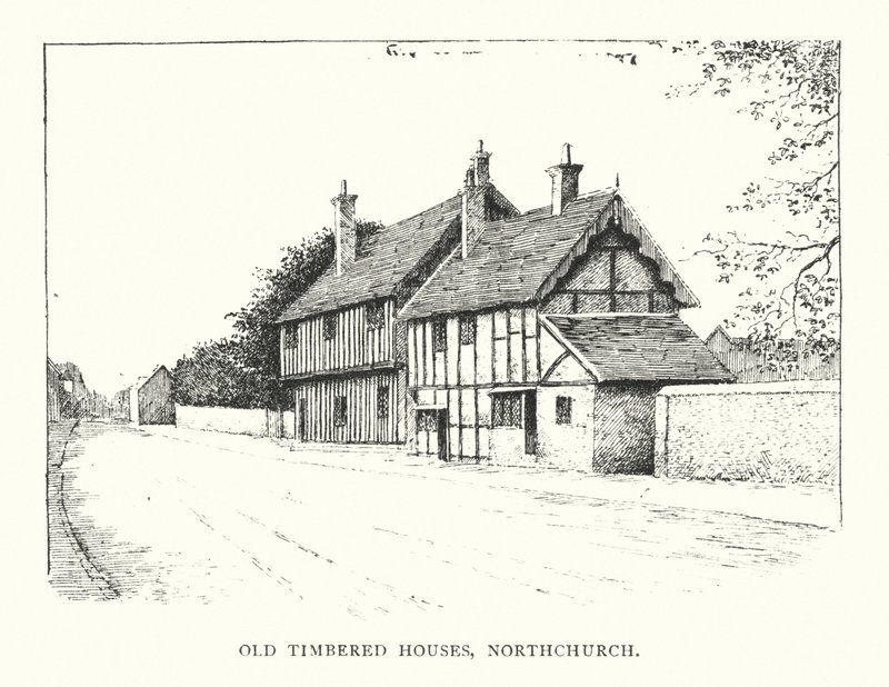 Old Timbered Houses, Northchurch (litografia) autorstwa Duncan Moul