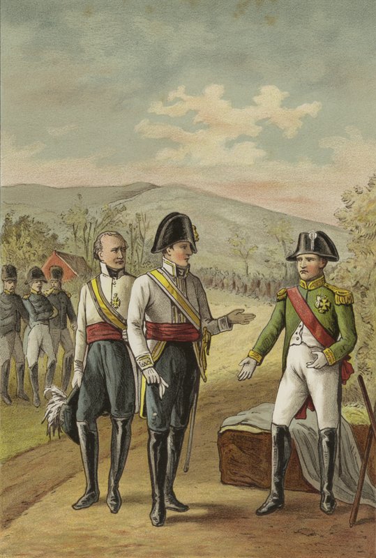 Spotkanie Napoleona z cesarzem Franciszkiem II Austrii po bitwie pod Austerlitz, 1805 autorstwa Dutch School