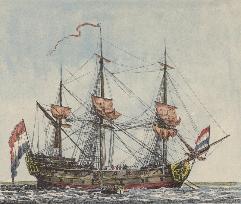 Statek Holenderskiej Kompanii Wschodnioindyjskiej (kolorowy grawerunek) autorstwa Dutch School