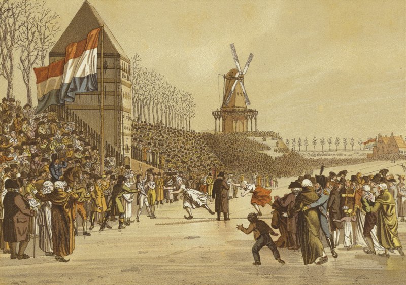 Wyścigi na łyżwach kobiet, Leeuwarden, Holandia, 1805 autorstwa Dutch School