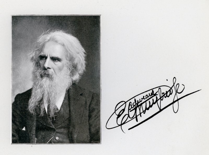 Eadweard Muybridge, portret i podpis (zdjęcie czarno-białe) autorstwa Eadweard Muybridge