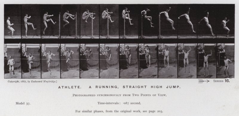 Postać ludzka w ruchu: sportowiec, bieg, prosty skok wzwyż (zdjęcie czarno-białe) autorstwa Eadweard Muybridge
