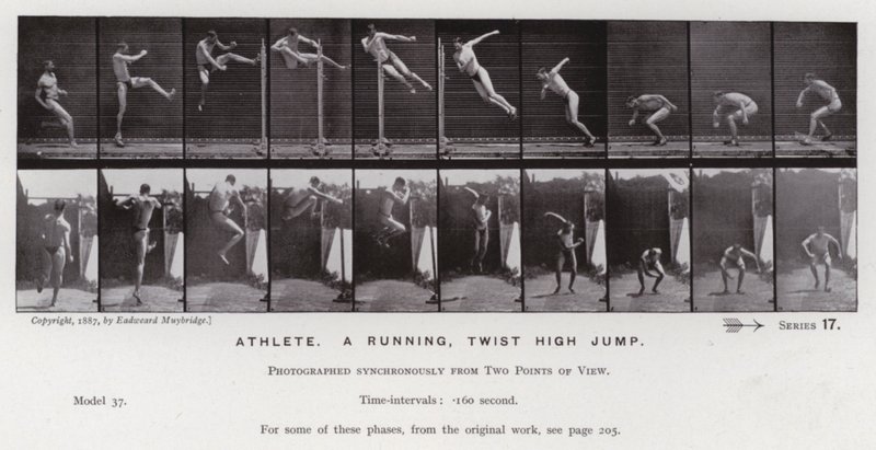 Postać ludzka w ruchu: sportowiec, bieganie, skok wzwyż skrętny (zdjęcie czarno-białe) autorstwa Eadweard Muybridge