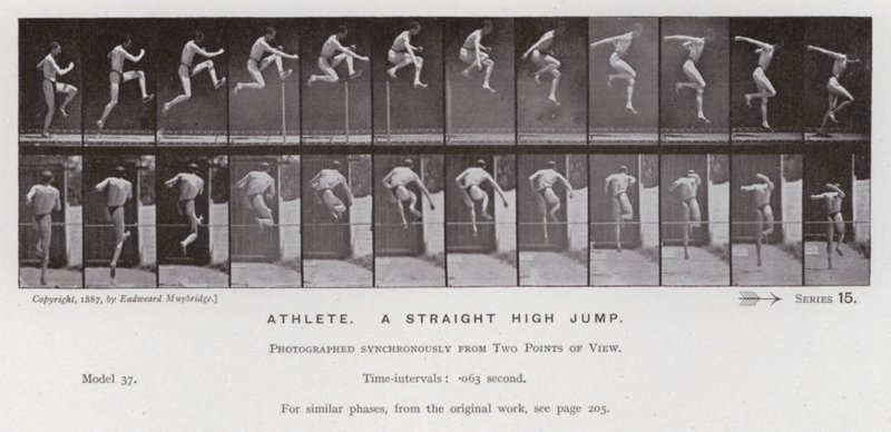 Postać ludzka w ruchu: sportowiec, prosty skok wzwyż (zdjęcie czarno-białe) autorstwa Eadweard Muybridge