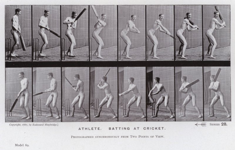 Postać ludzka w ruchu: sportowiec uderzający w krykieta (zdjęcie czarno-białe) autorstwa Eadweard Muybridge
