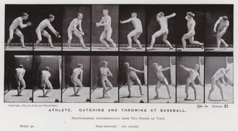 Postać ludzka w ruchu: sportowiec, łapanie i rzucanie w baseball (zdjęcie czarno-białe) autorstwa Eadweard Muybridge