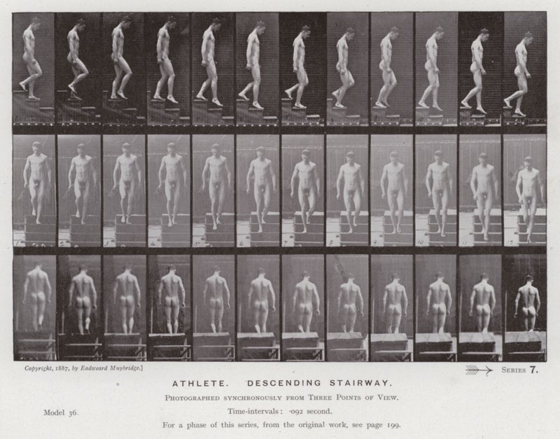 Postać ludzka w ruchu: sportowiec schodzący po schodach (zdjęcie czarno-białe) autorstwa Eadweard Muybridge