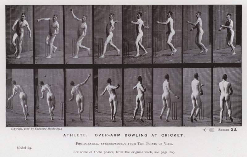 Postać ludzka w ruchu: sportowiec, kręgle w krykiecie (zdjęcie czarno-białe) autorstwa Eadweard Muybridge