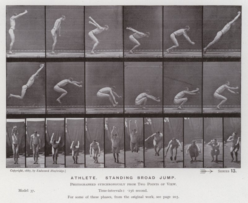 Postać ludzka w ruchu: sportowiec, skok w dal z pozycji stojącej (zdjęcie czarno-białe) autorstwa Eadweard Muybridge