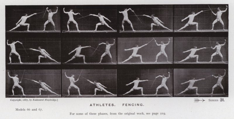 Postać ludzka w ruchu: sportowcy, szermierka (zdjęcie czarno-białe) autorstwa Eadweard Muybridge