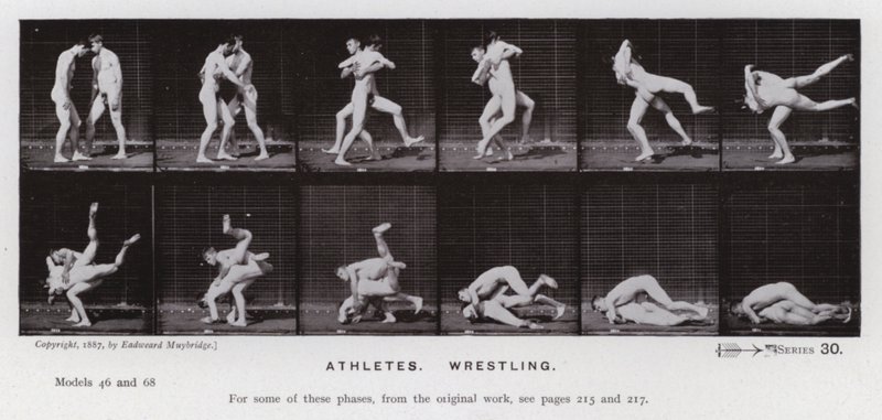 Postać ludzka w ruchu: sportowcy, zapasy (zdjęcie czarno-białe) autorstwa Eadweard Muybridge
