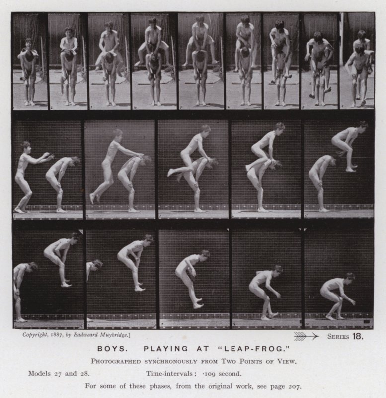 Postać ludzka w ruchu: chłopcy, bawiący się w „Leap-Frog” (zdjęcie czarno-białe) autorstwa Eadweard Muybridge