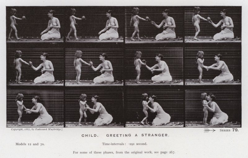 Postać ludzka w ruchu: dziecko, witające nieznajomego (zdjęcie czarno-białe) autorstwa Eadweard Muybridge